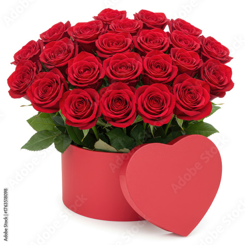A bouquet of red roses arranged in a red round box with a heart shaped lid resting nearby