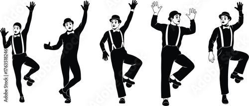 Classic Mime Artist Collection, Five Male Performers in Traditional Costume, Dancing, Posing, and Waving Hello, Black and White Vector Set.