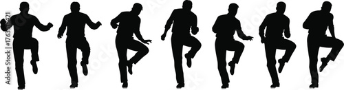 Male Walking Silhouette Collection, Seven Men in High-Step or Marching Motion, Performing a Dynamic Stride or Dance Step, Vector Graphic Set.