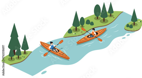 Kayaking adventure on serene river in isometric forest landscape