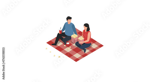 Couple enjoying picnic with popcorn on a plaid blanket in isometric style