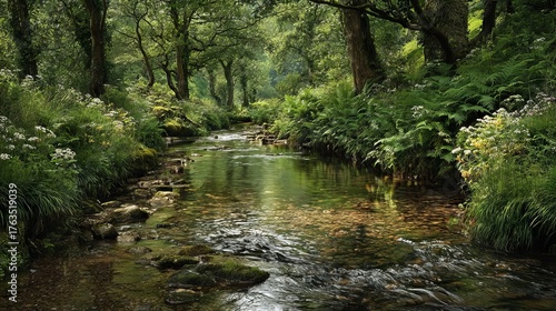 A serene forest scene featuring a clear, shallow stream meandering through lush greenery and dappled sunlight