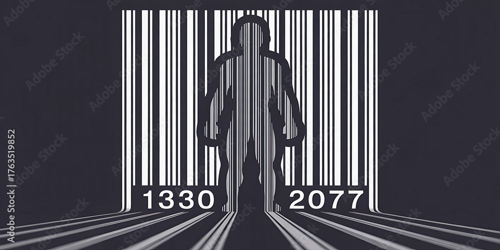 Obraz premium Human figure depicted as a barcode, symbolizing dehumanization and data reduction within a digital framework.