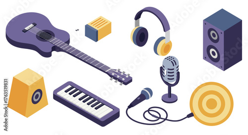 Isometric music equipment set: guitar, headphones, microphones, speakers, and…