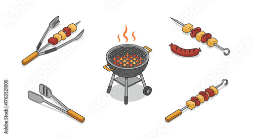 Isometric barbecue grill with sausages and skewers on white background