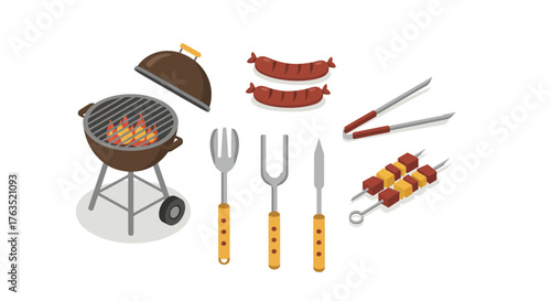 Isometric backyard barbecue with grill, sausages, and tools for outdoor cooking