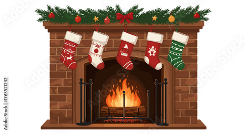 Festive fireplace with christmas stockings and holiday decorations
