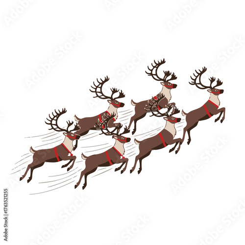 A group of six festive flying reindeer, adorned with red harnesses and majestic antlers, soaring through the winter sky with visible motion, symbolizing holiday cheer and magical journeys
