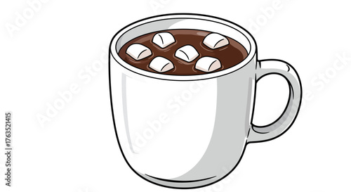 Warm mug of hot chocolate with marshmallows in comic style for cozy winter