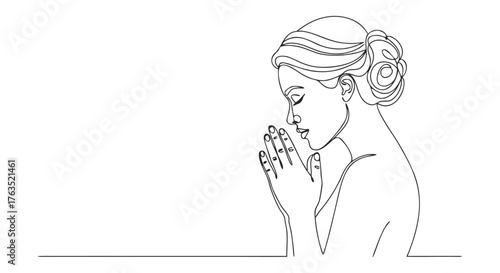 Elegant woman in thoughtful prayer, a serene illustration crafted with one continuous line, embodying peace and spiritual reflection and minimalist artistry