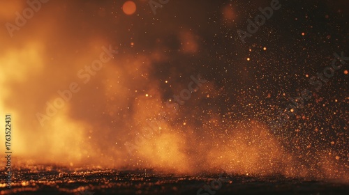 Swirling orange particles and hazy smoke against a dark background abstract