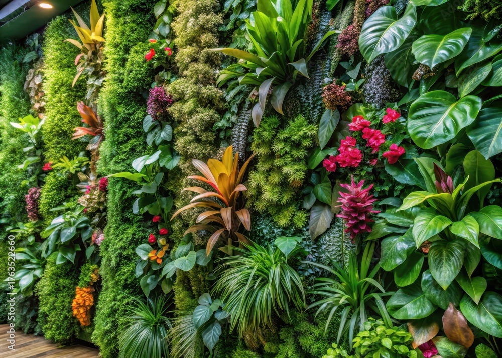 Fototapeta premium Vertical lush green wall with exotic tropical flowers and leaves in a modern indoor setting