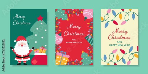 Set of three festive Merry Christmas and Happy New Year greeting cards with Santa, gifts, trees, and lights.