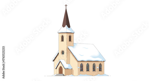 Snow-covered church with brown roof in winter scene