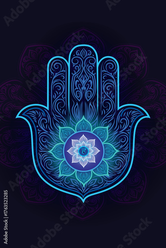 Hand of the Blooming Ether Vishuddha. A glowing mandala hand in turquoise, violet, and white radiates with an inner bloom and Vishuddha chakra in center. Ornamental curls evoke cosmic harmony and spir