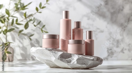 A cinematic concept scene, captured in a close-up, eye-level shot, featuring elegant cosmetic bottles with a smooth matte finish, rendered in muted pastel tones. 