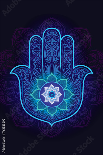 Hand of the Blooming Ether Vishuddha. A glowing mandala hand in turquoise, violet, and white radiates with an inner bloom and Vishuddha chakra in center. Ornamental curls evoke cosmic harmony and spir