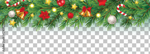 Christmas Garland Border – Festive Pine Branch Top Frame with Ornaments, Poinsettias, Bells, and Candy Canes on Transparent Background