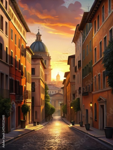 Street Scene in Central Rome at Sunset