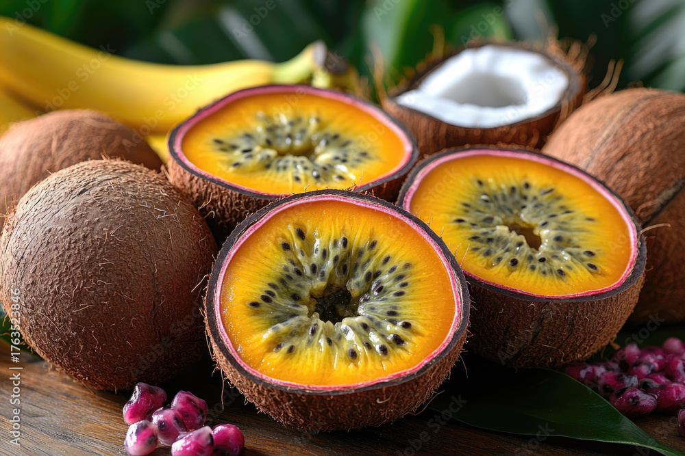 custom made wallpaper toronto digitalExotic Fruits and Coconuts on Wooden Surface