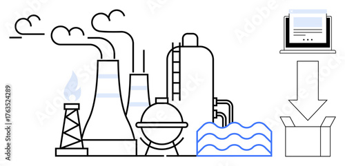 Industrial factory with chimneys and storage tanks, natural gas extraction, cloud symbols, digital processes, and data flow. Ideal for automation, manufacturing, sustainability, energy digitization