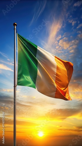Irish National Flag Waving on a Pole at Sunrise