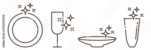 Clean dishes and glasses line icon set isolated on transparent background. Perfect for kitchen, dishwashing, hygiene, and household cleaning themes. Editable stroke.