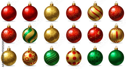 Elegant christmas ornament set with red and gold festive patterns