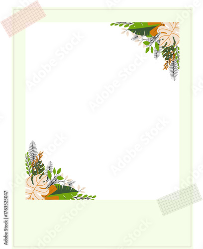 Polaroid photo frame with tropical plants and tape decoration