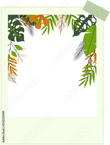 Polaroid photo frame with tropical plants and tape decoration