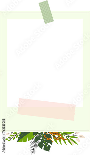 Polaroid photo frame with tropical plants and tape decoration