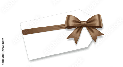 Elegant gift tag with brown satin bow on white