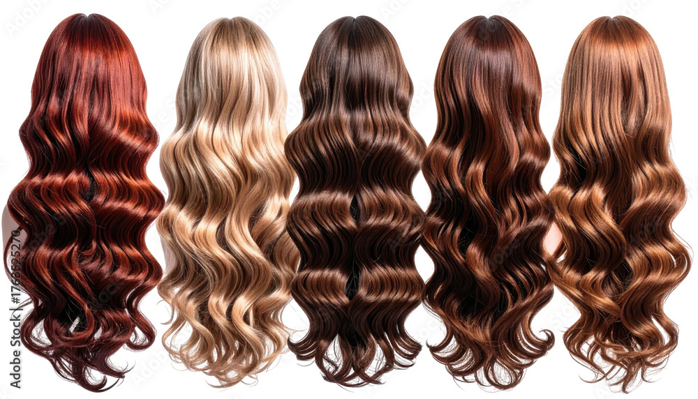 Fototapeta premium Wavy, luscious hair extensions in various colors on black background