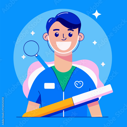 Happy Cartoon Dentist Illustration with Dental Tools