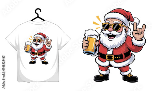Cartoon santa claus with beer mug on tshirt for christmas celebration