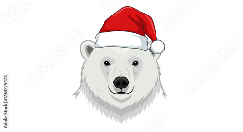 Polar bear wearing santa hat on white background for festive holiday design