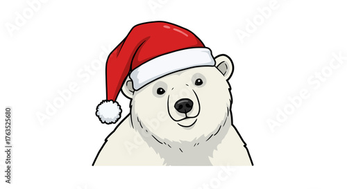 Adorable polar bear wearing christmas hat on white background