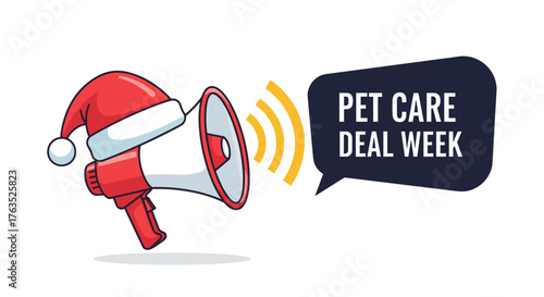 Festive pet care deal announcement with santa hat megaphone