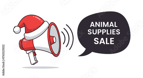 Festive megaphone announcing animal supplies sale with santa hat