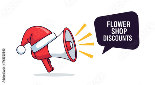 Holiday megaphone announcing flower shop discounts in festive style
