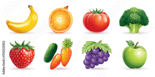 Assortment of fresh fruits and vegetables including banana apple grapes strawberry broccoli carrot tomato and onion isolated on transparent background