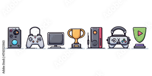 Collection of gaming icons and symbols representing entertainment and achievement isolated on transparent background
