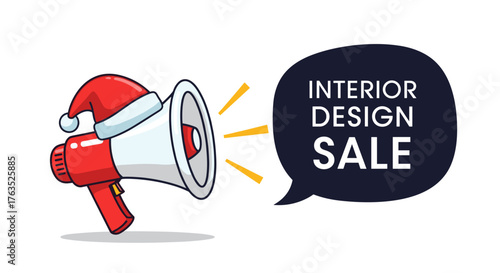 Holiday megaphone promoting interior design sale with festive santa hat