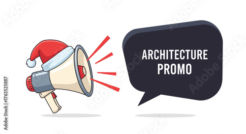 Festive holiday megaphone announcement with santa hat and speech bubble design
