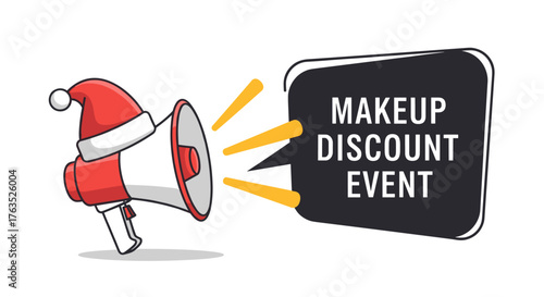 Festive sale announcement with santa hat speaker promoting makeup discounts