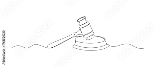 Law hammer one continuous line illustration. Judge doodle sketch. Hand drawn vector icon isolated on white background.