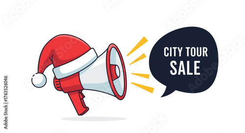 Christmas megaphone promoting city tour event with festive santa hat