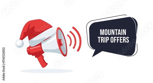 Christmas megaphone announcing holiday mountain trip offers in cartoon style