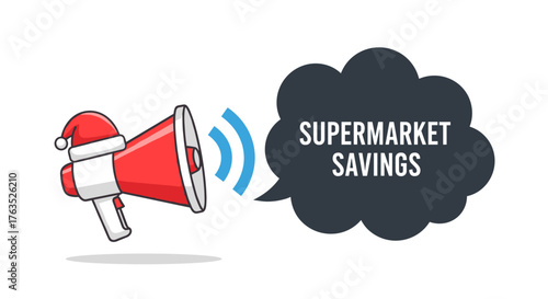 Festive megaphone announcement for supermarket discounts with christmas theme