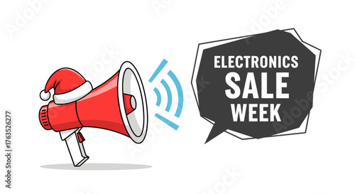 Festive electronics sale announcement with megaphone and santa hat